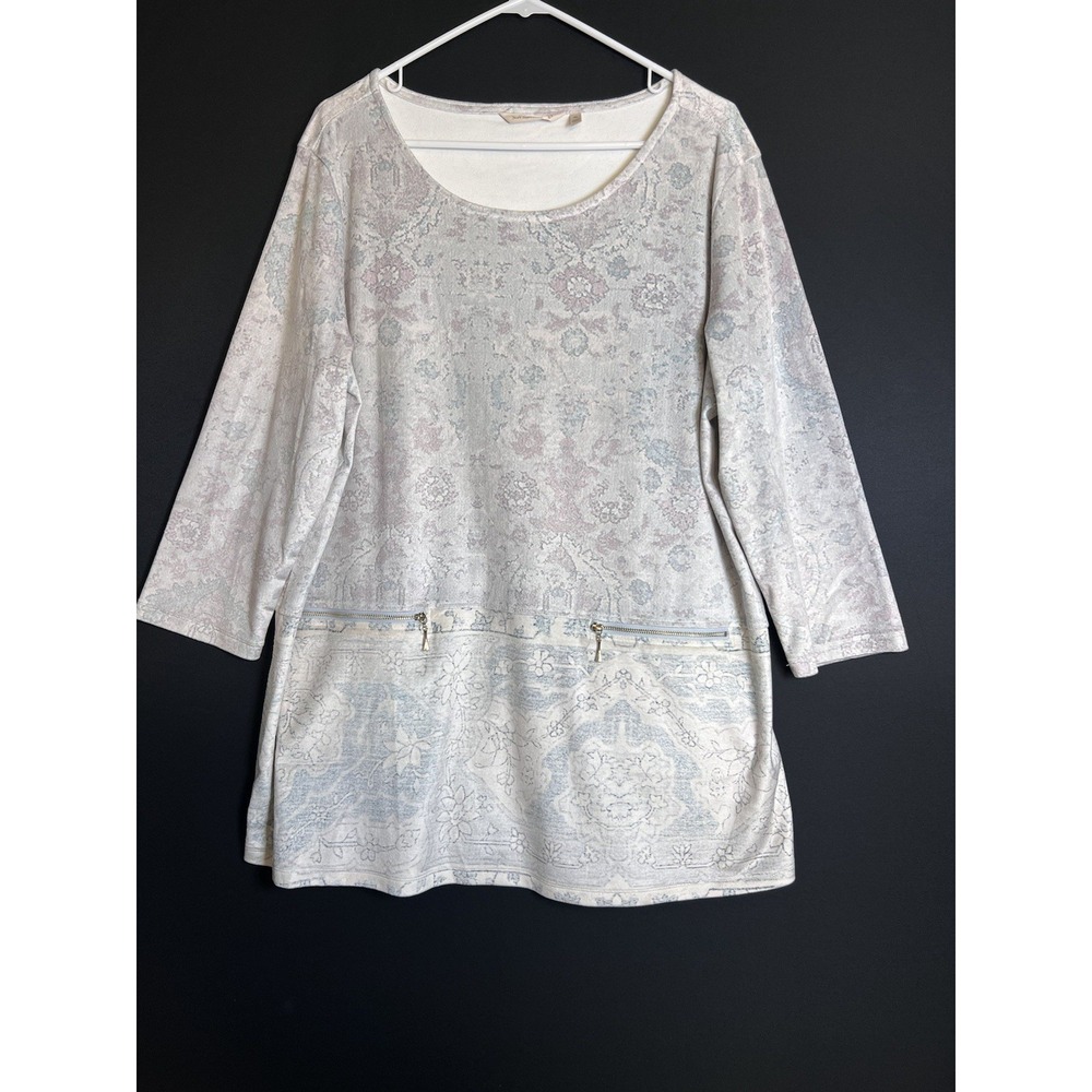 Soft Surroundings‎ Brushed Velour Dello Tunic Womens Sz XL Blue Damask Pocket
